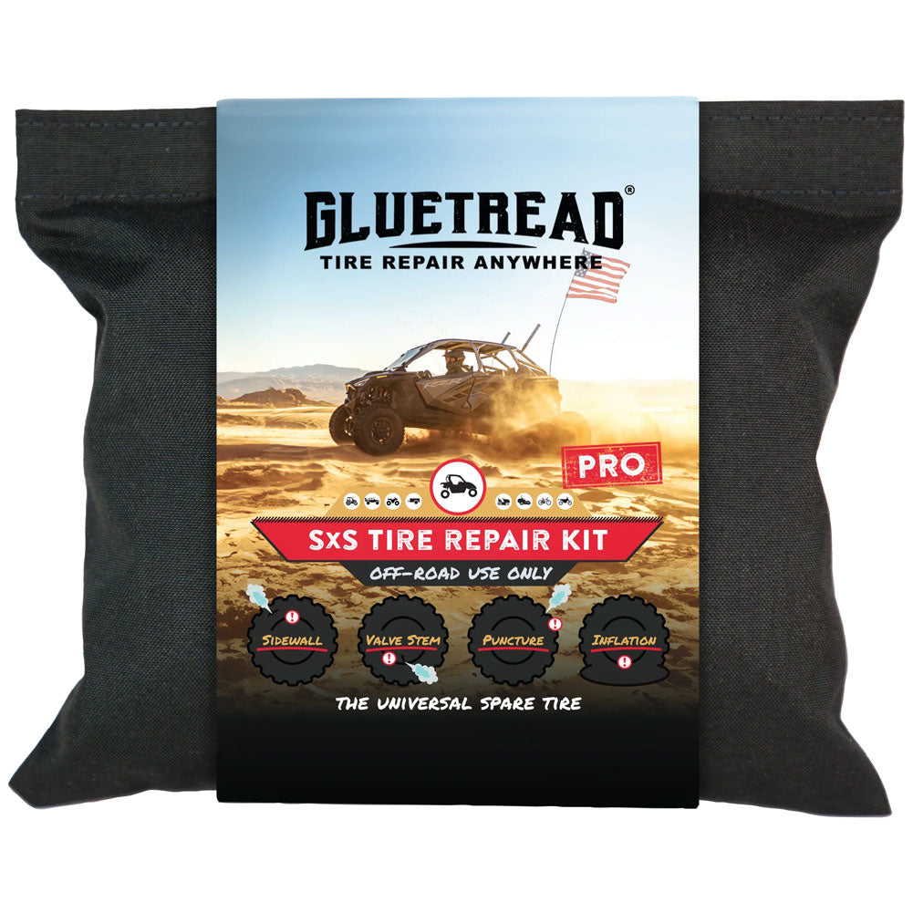 GlueTread SxS Pro tire repair kit in its black storage bag; off-road use only.